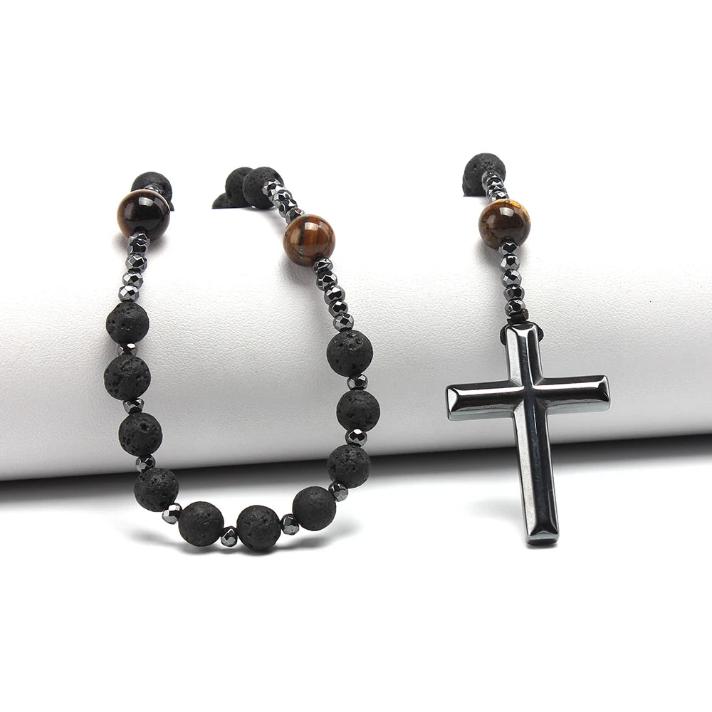 Lava Stone and Tiger Eye Cross Necklace