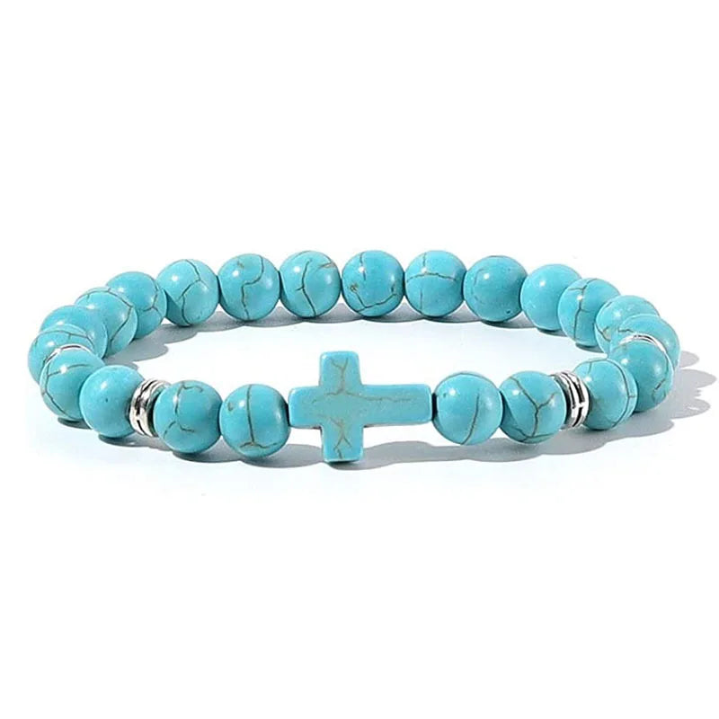 Stone and Wood Bead Rosary Bracelet with Cross