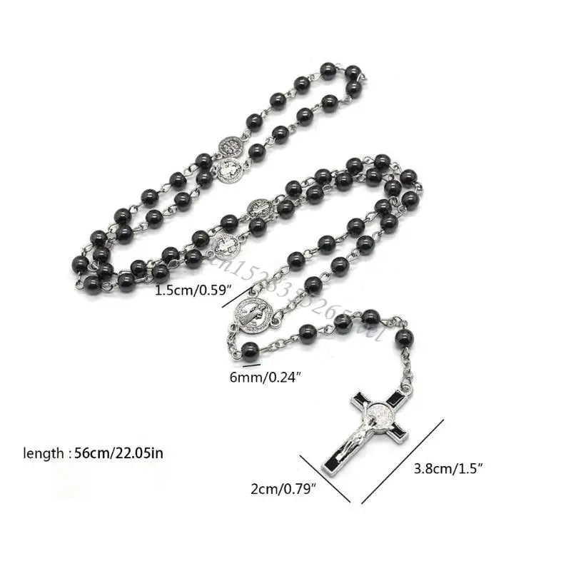 Black Bead Rosary Necklace
