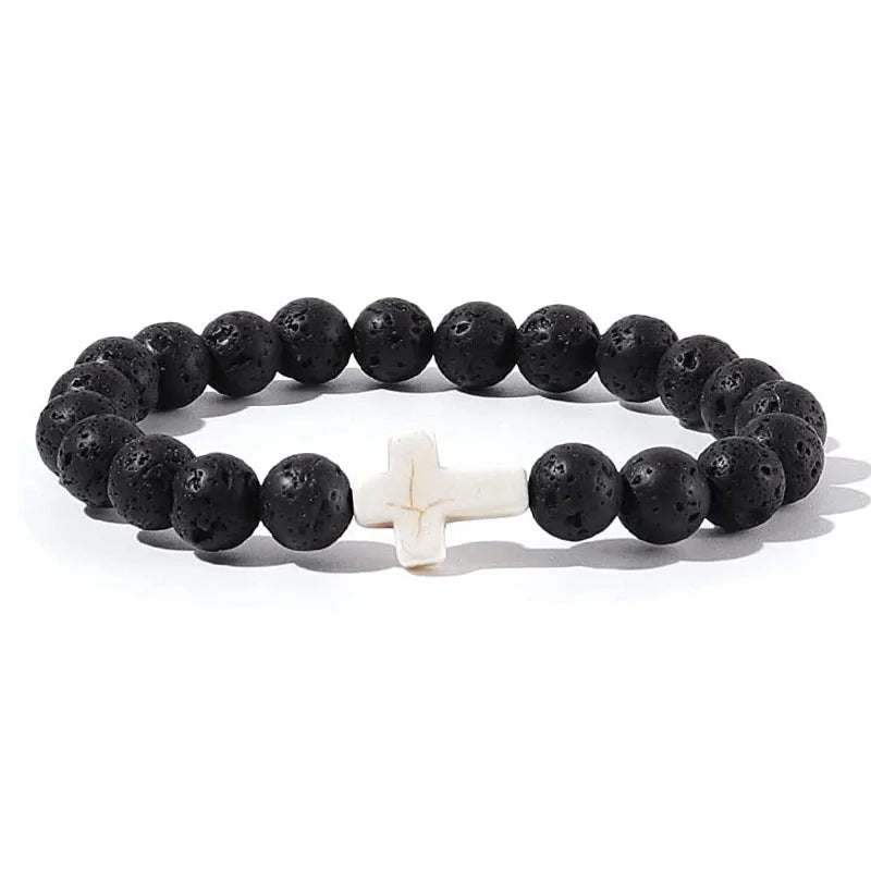 Stone and Wood Bead Rosary Bracelet with Cross
