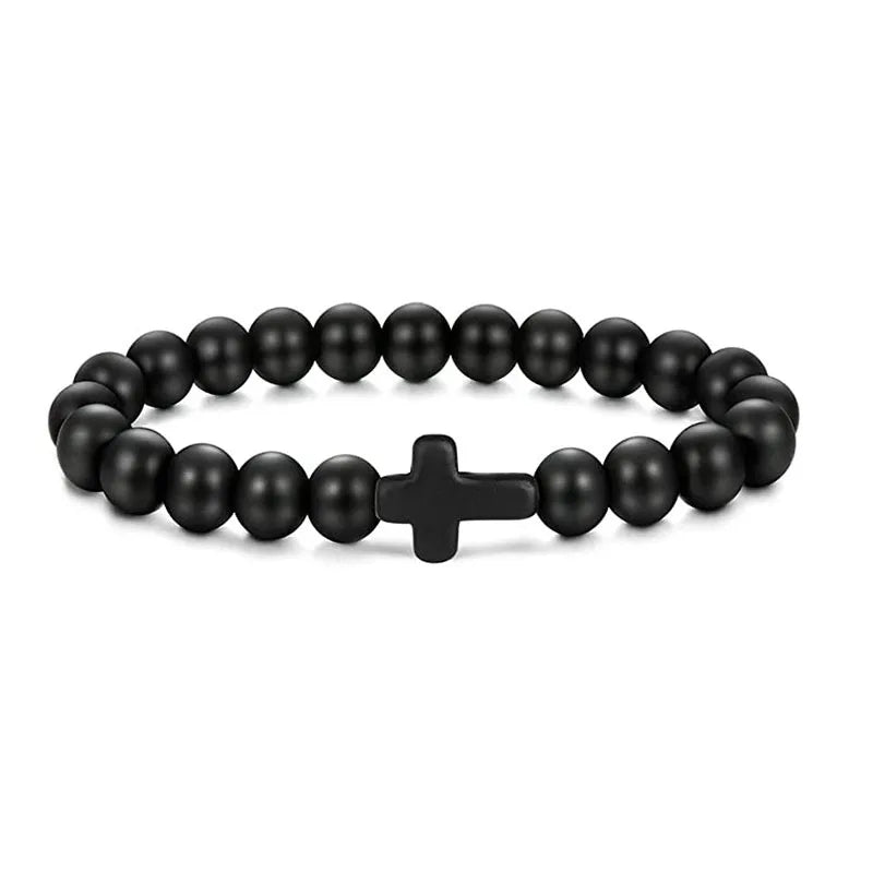 Stone and Wood Bead Rosary Bracelet with Cross