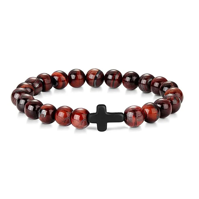 Stone and Wood Bead Rosary Bracelet with Cross