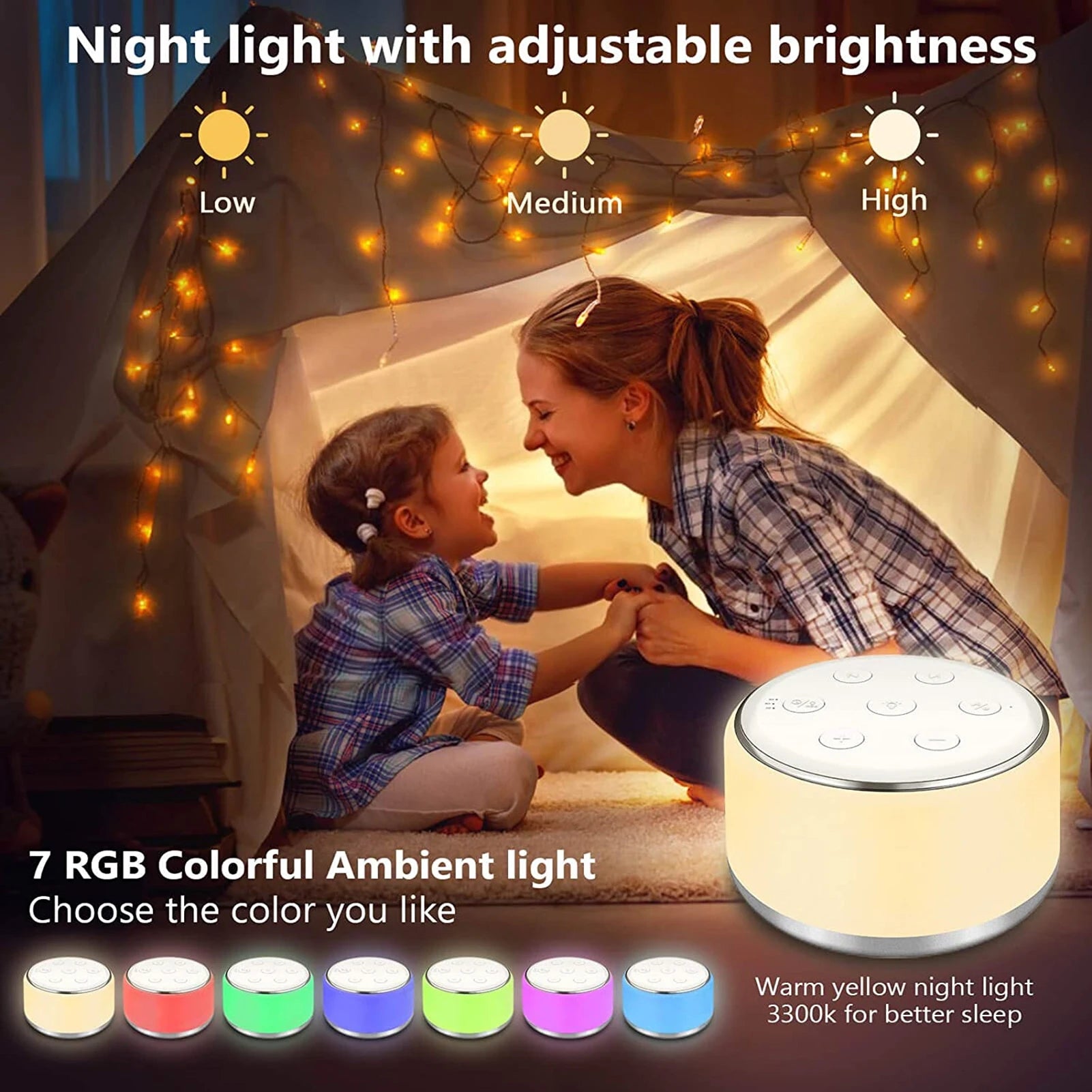 Desktop White Noise Machine with Night Lights, 34 Soothing Sounds, and Timer.