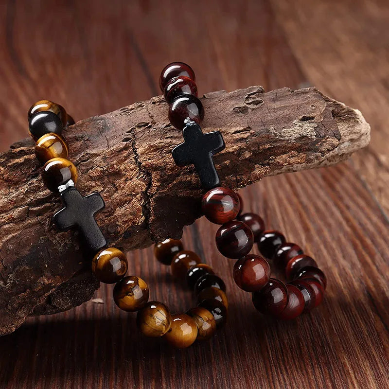 Stone and Wood Bead Rosary Bracelet with Cross