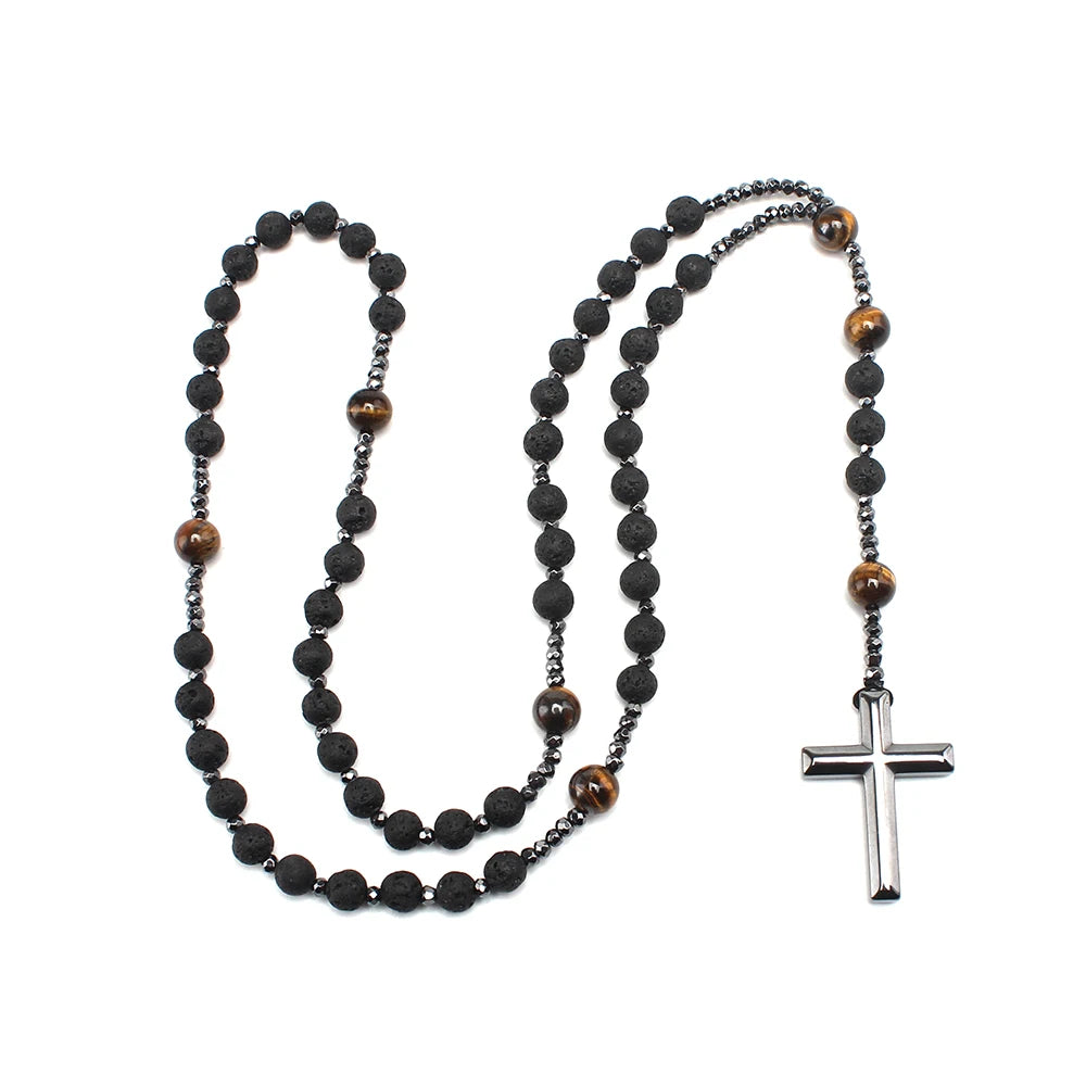 Lava Stone and Tiger Eye Cross Necklace