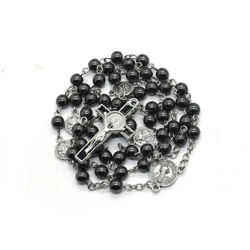 Black Bead Rosary Necklace