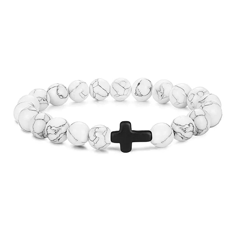 Stone and Wood Bead Rosary Bracelet with Cross