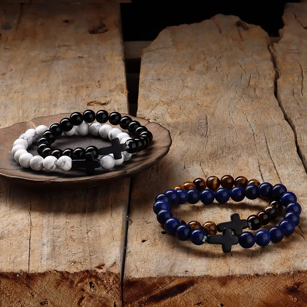Stone and Wood Bead Rosary Bracelet with Cross