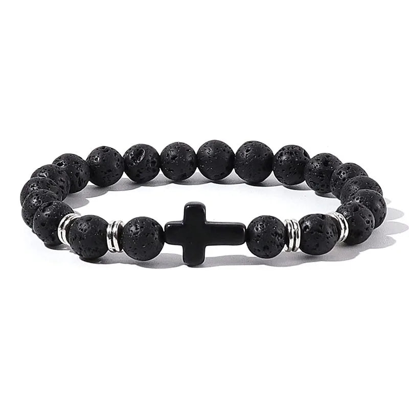 Stone and Wood Bead Rosary Bracelet with Cross