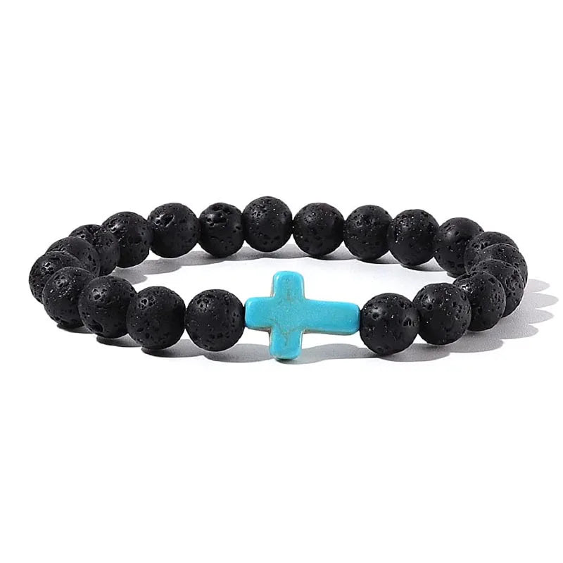 Stone and Wood Bead Rosary Bracelet with Cross