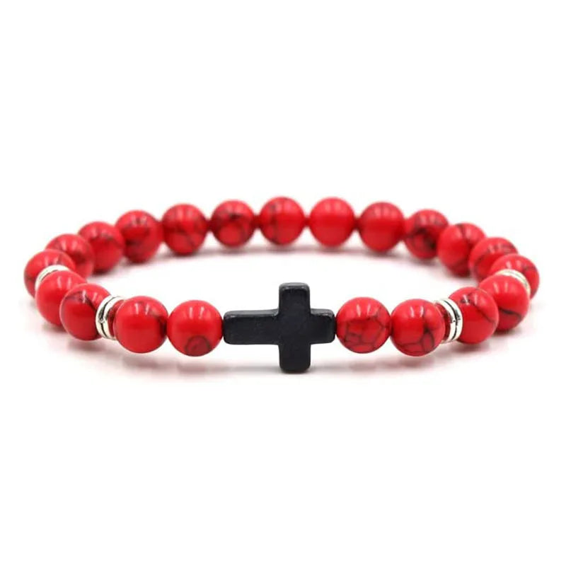 Stone and Wood Bead Rosary Bracelet with Cross