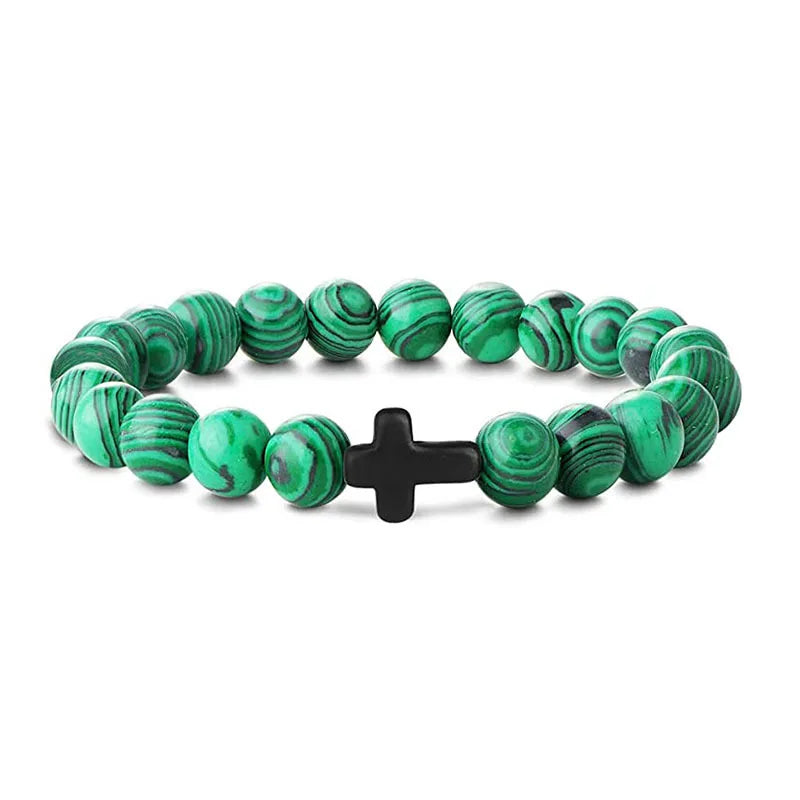 Stone and Wood Bead Rosary Bracelet with Cross
