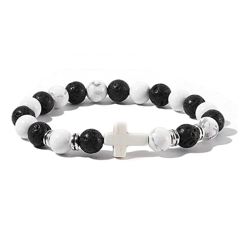 Stone and Wood Bead Rosary Bracelet with Cross