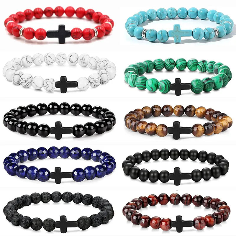 Stone and Wood Bead Rosary Bracelet with Cross