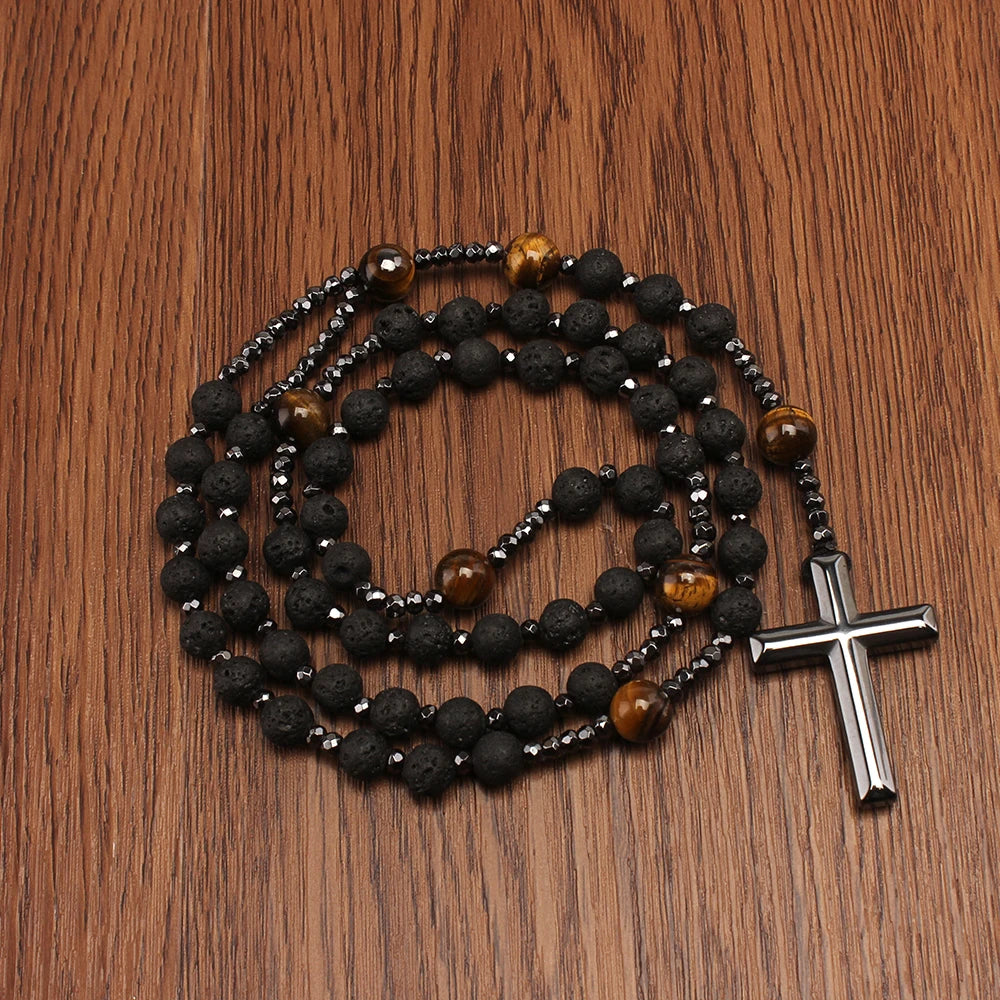 Lava Stone and Tiger Eye Cross Necklace
