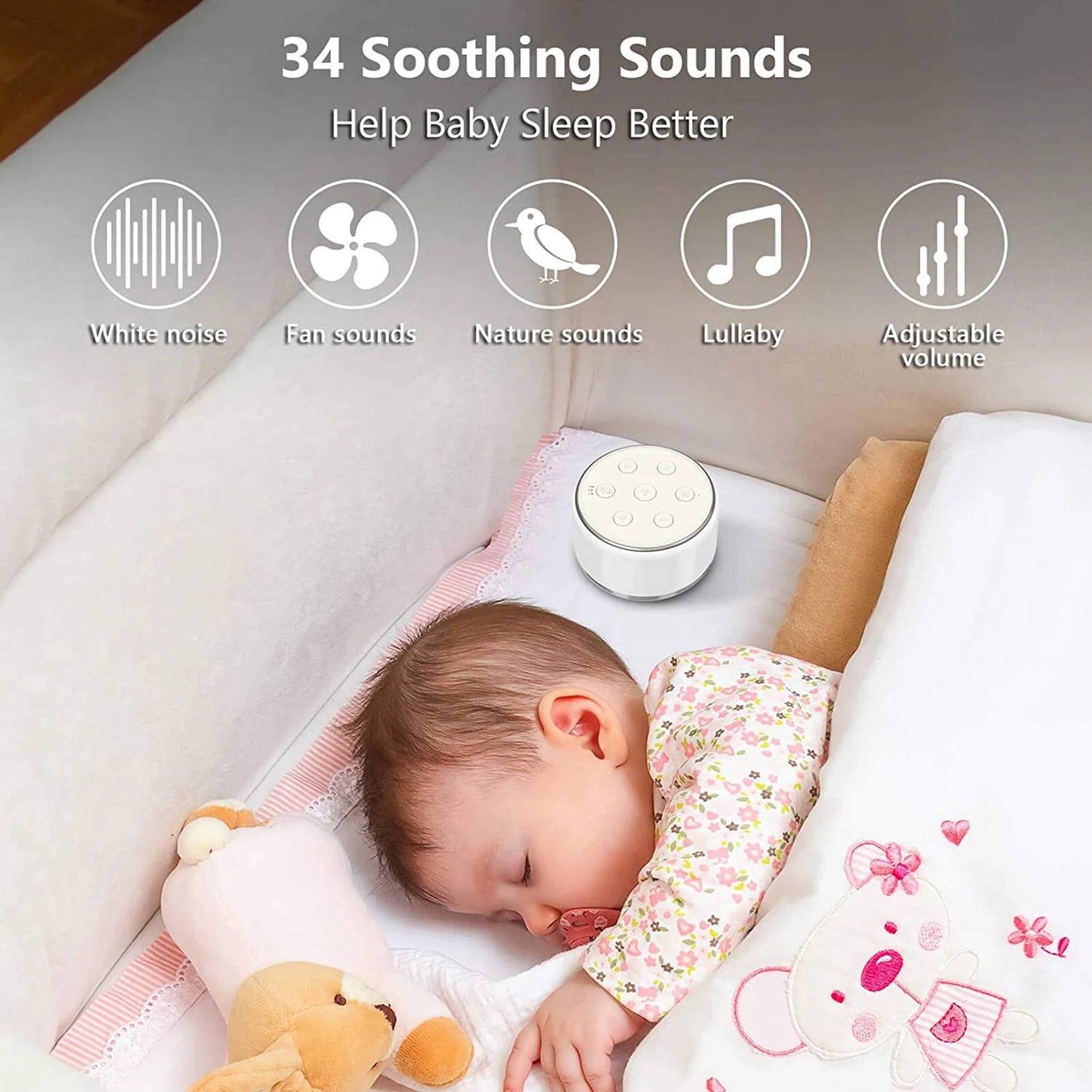 Desktop White Noise Machine with Night Lights, 34 Soothing Sounds, and Timer.