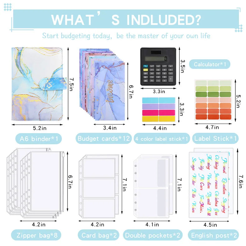A6 Marble Budget Binder with Zipper Envelopes