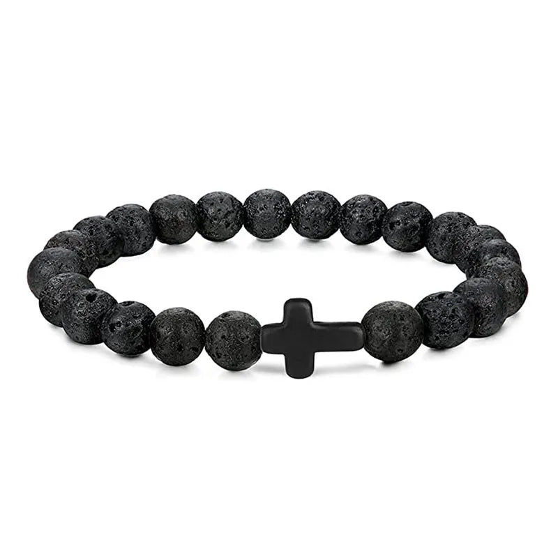 Stone and Wood Bead Rosary Bracelet with Cross