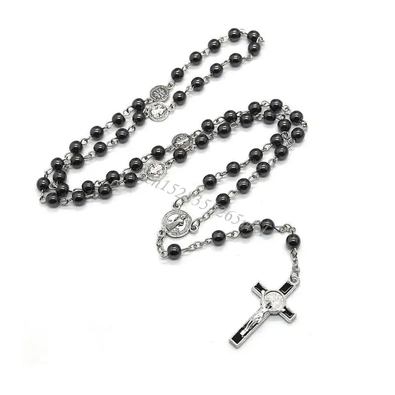 Black Bead Rosary Necklace