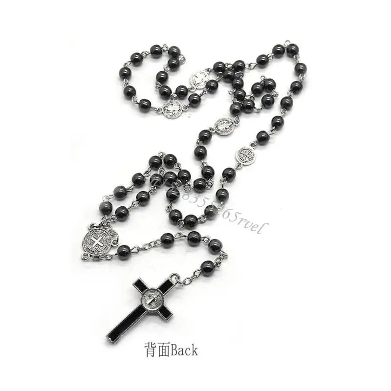 Black Bead Rosary Necklace