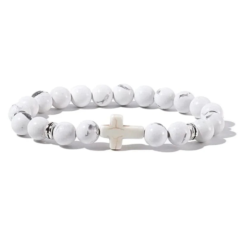 Stone and Wood Bead Rosary Bracelet with Cross