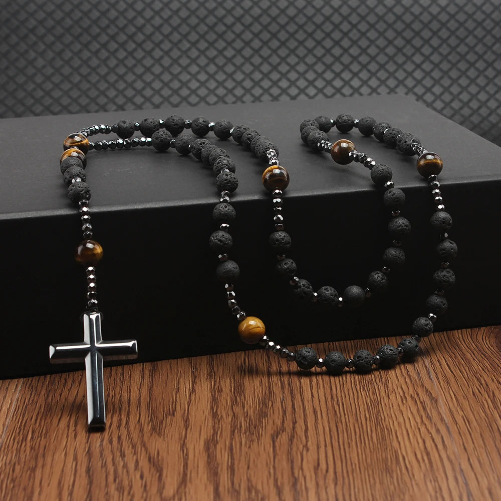 Lava Stone and Tiger Eye Cross Necklace