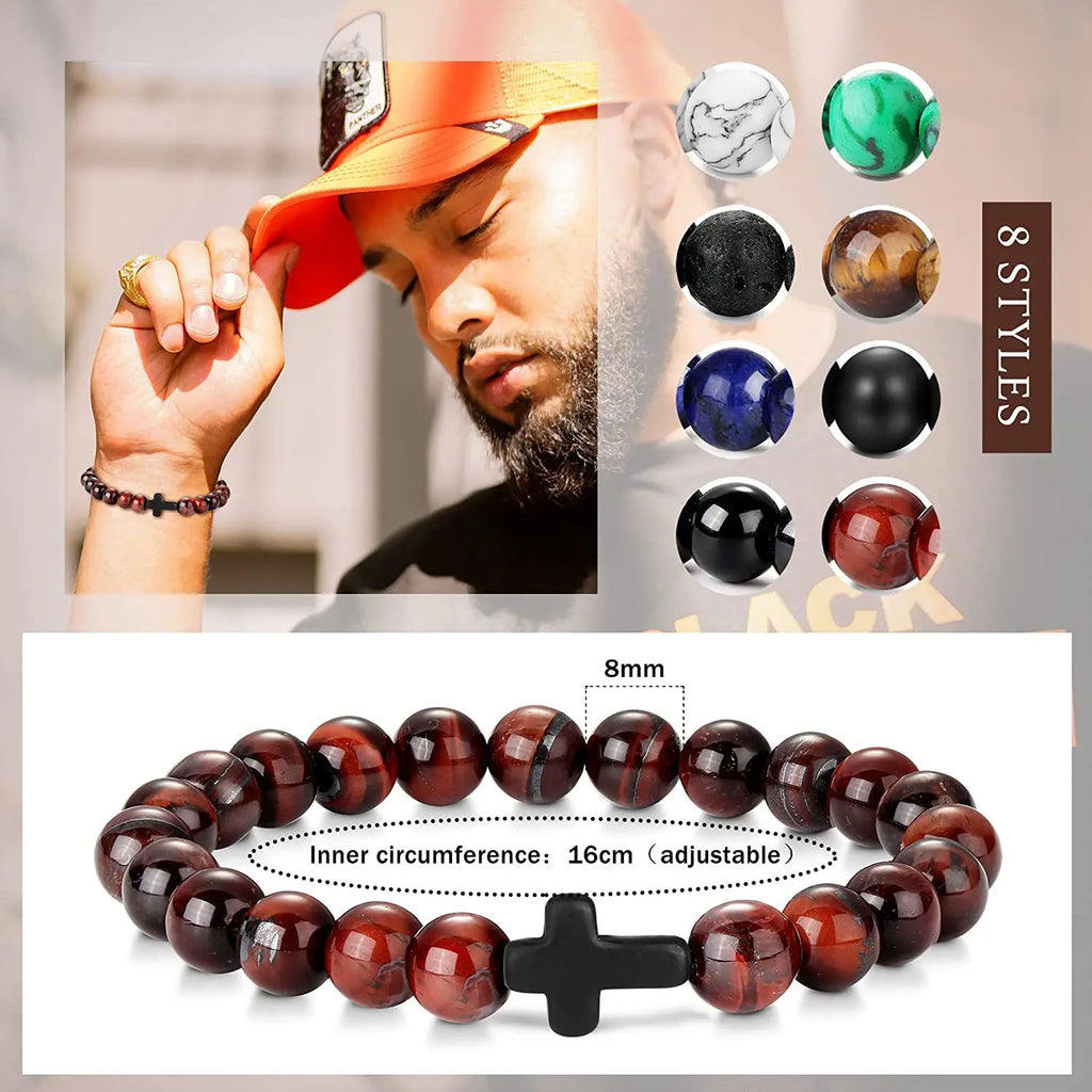 Stone and Wood Bead Rosary Bracelet with Cross