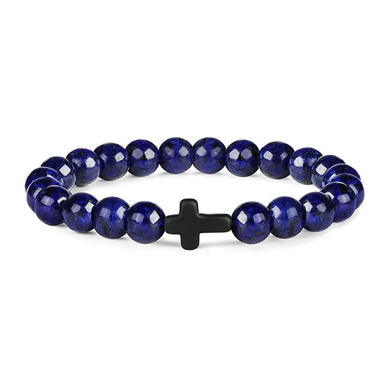 Stone and Wood Bead Rosary Bracelet with Cross