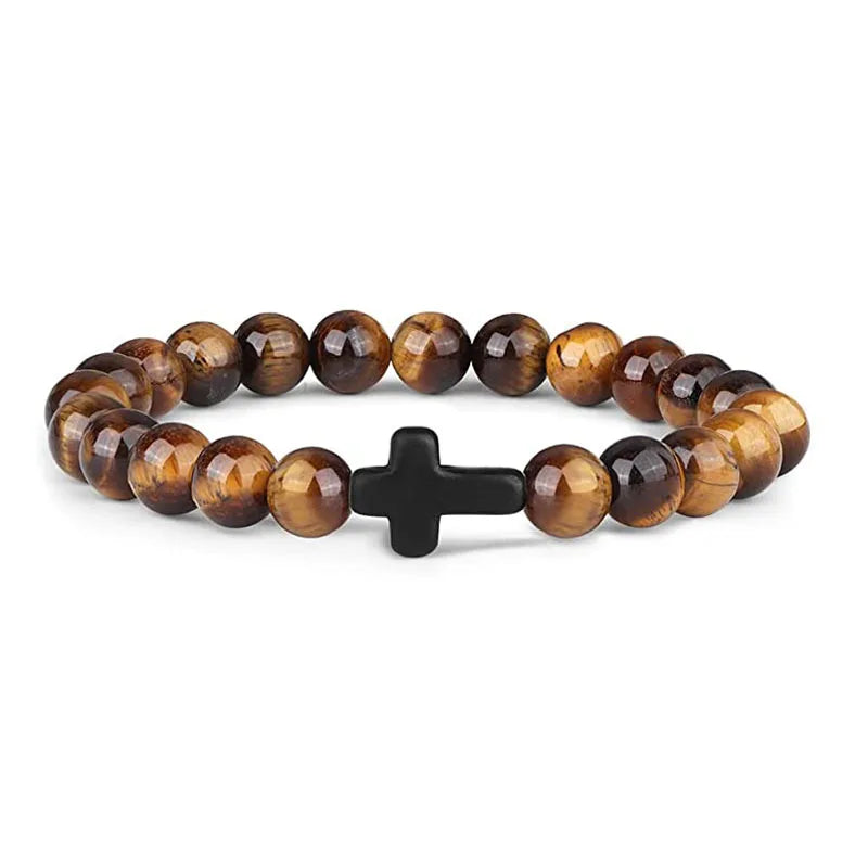 Stone and Wood Bead Rosary Bracelet with Cross