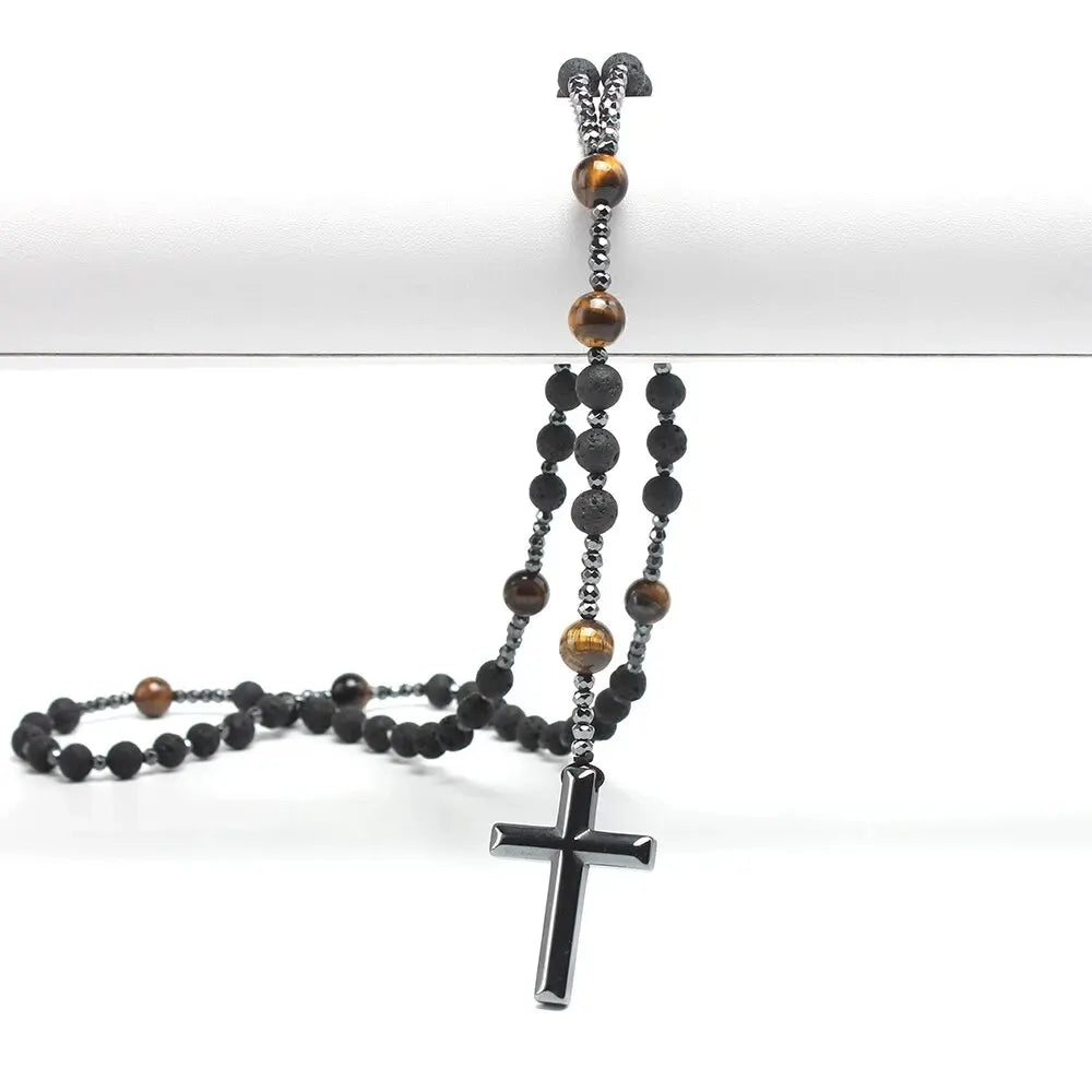 Lava Stone and Tiger Eye Cross Necklace