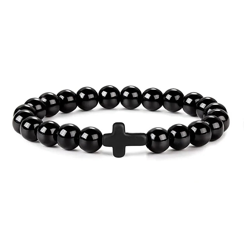 Stone and Wood Bead Rosary Bracelet with Cross