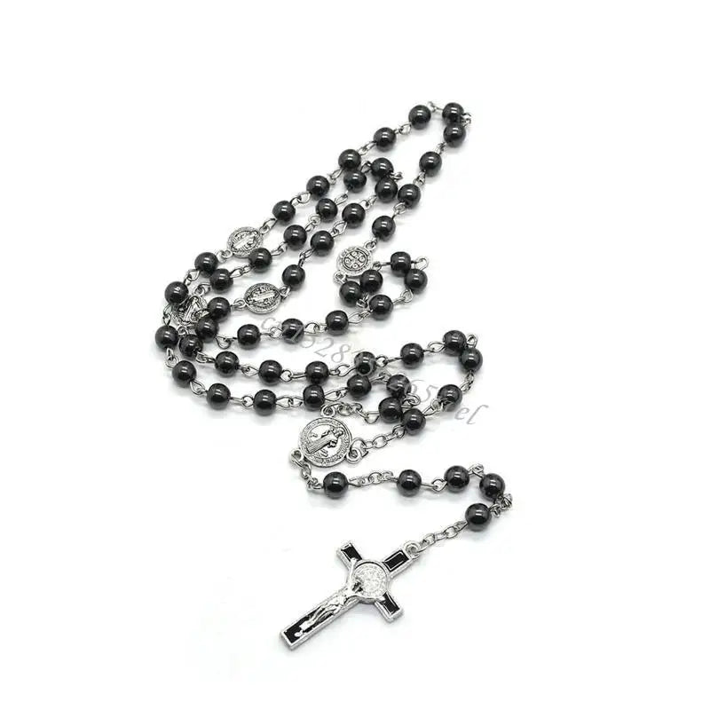Black Bead Rosary Necklace